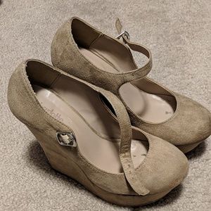 Beige Suede Mary Jane Style Wedges